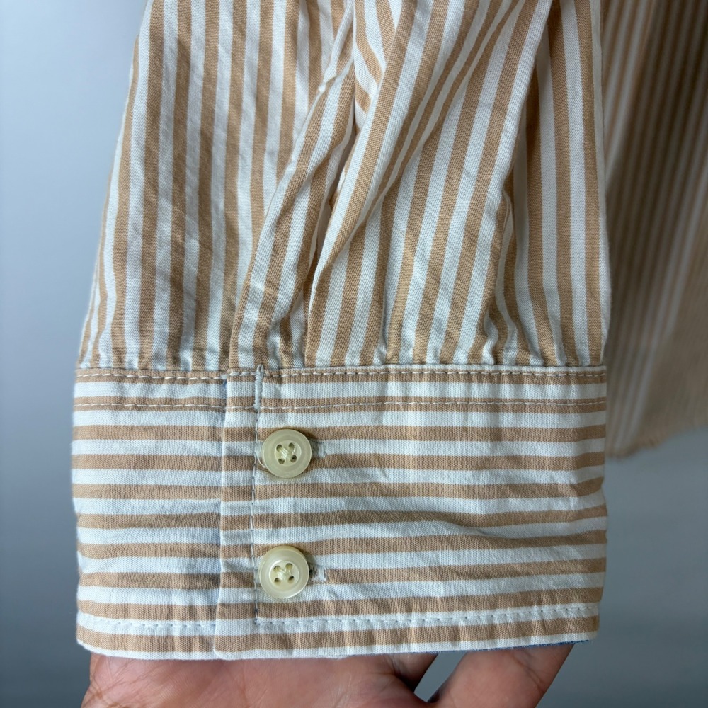 St. John's Bay Button Down Shirt Womens 1X Tan White Striped Cotton Long Sleeve - Picture 3 of 8